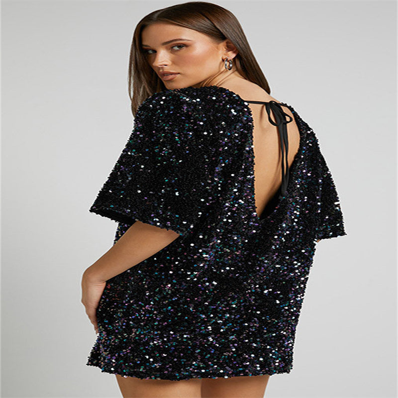 Velvet Sequin Fashion Elegant V-neck Backless Short Sleeve Dress - WOMONA.COM