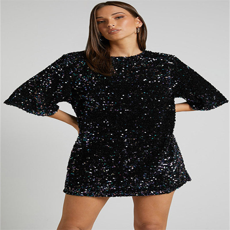 Velvet Sequin Fashion Elegant V-neck Backless Short Sleeve Dress - WOMONA.COM