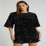 Velvet Sequin Fashion Elegant V-neck Backless Short Sleeve Dress - WOMONA.COM