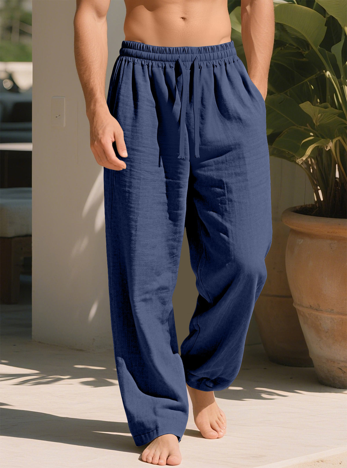 Navy blue plus size loose straight trousers with elastic waistband and drawstring