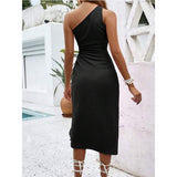 Oblique Shoulder Cut Knot Split Thigh Dress - WOMONA.COM