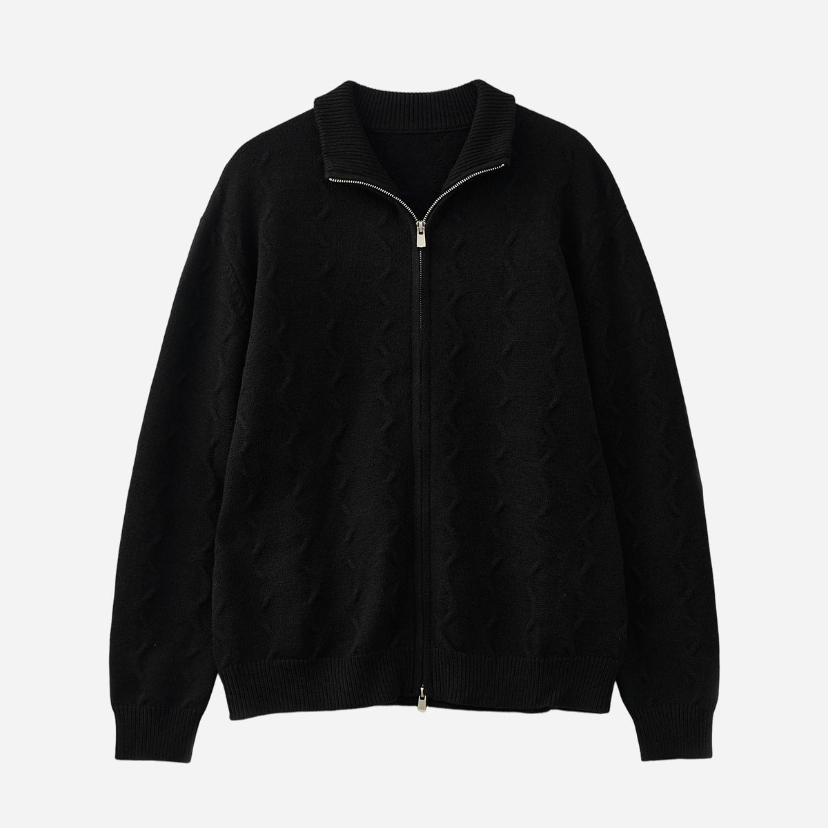 Men's black zip-front knitted jacket with ribbed collar and textured cable knit