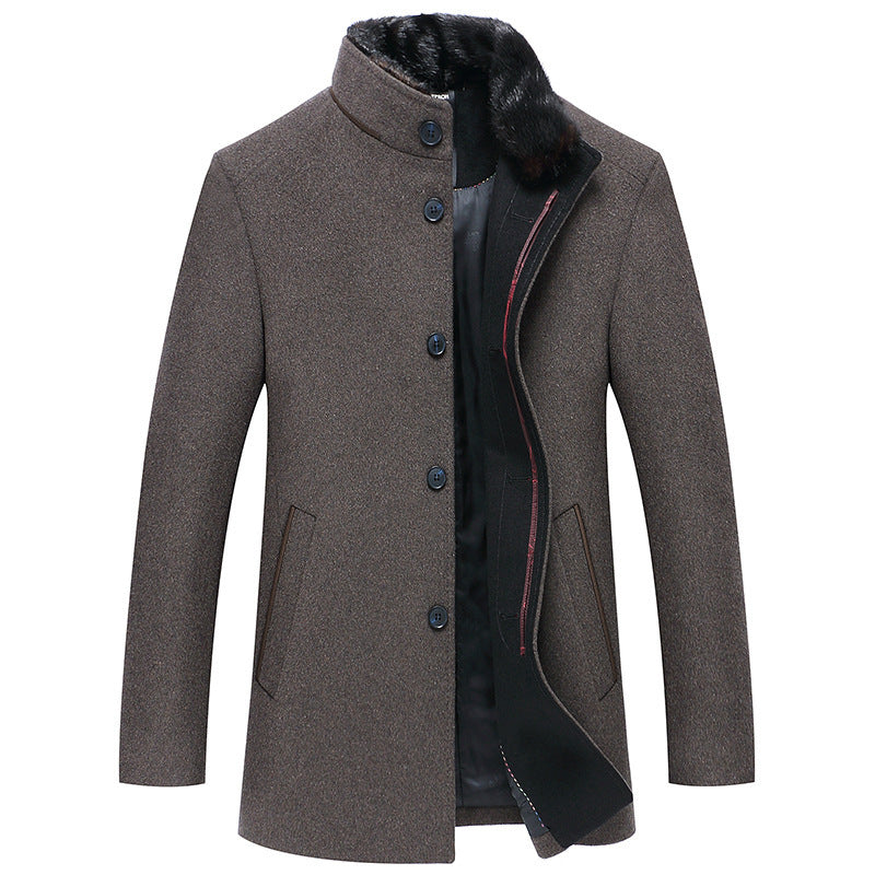 Simple Solid Color Men's Stand Collar Woolen Coat - WOMONA.COM