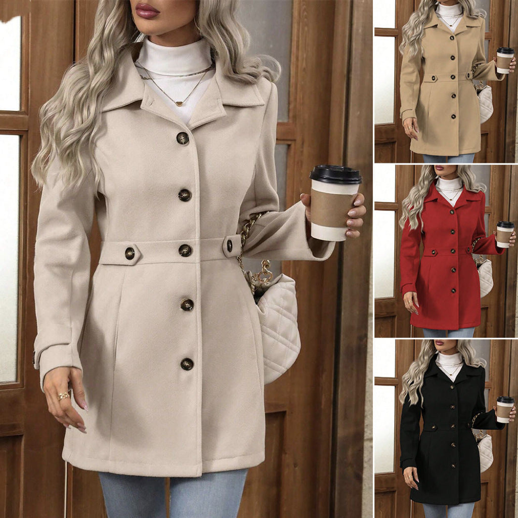 Mid-length single-breasted wool coat, dark buttons, lapel collar, light beige