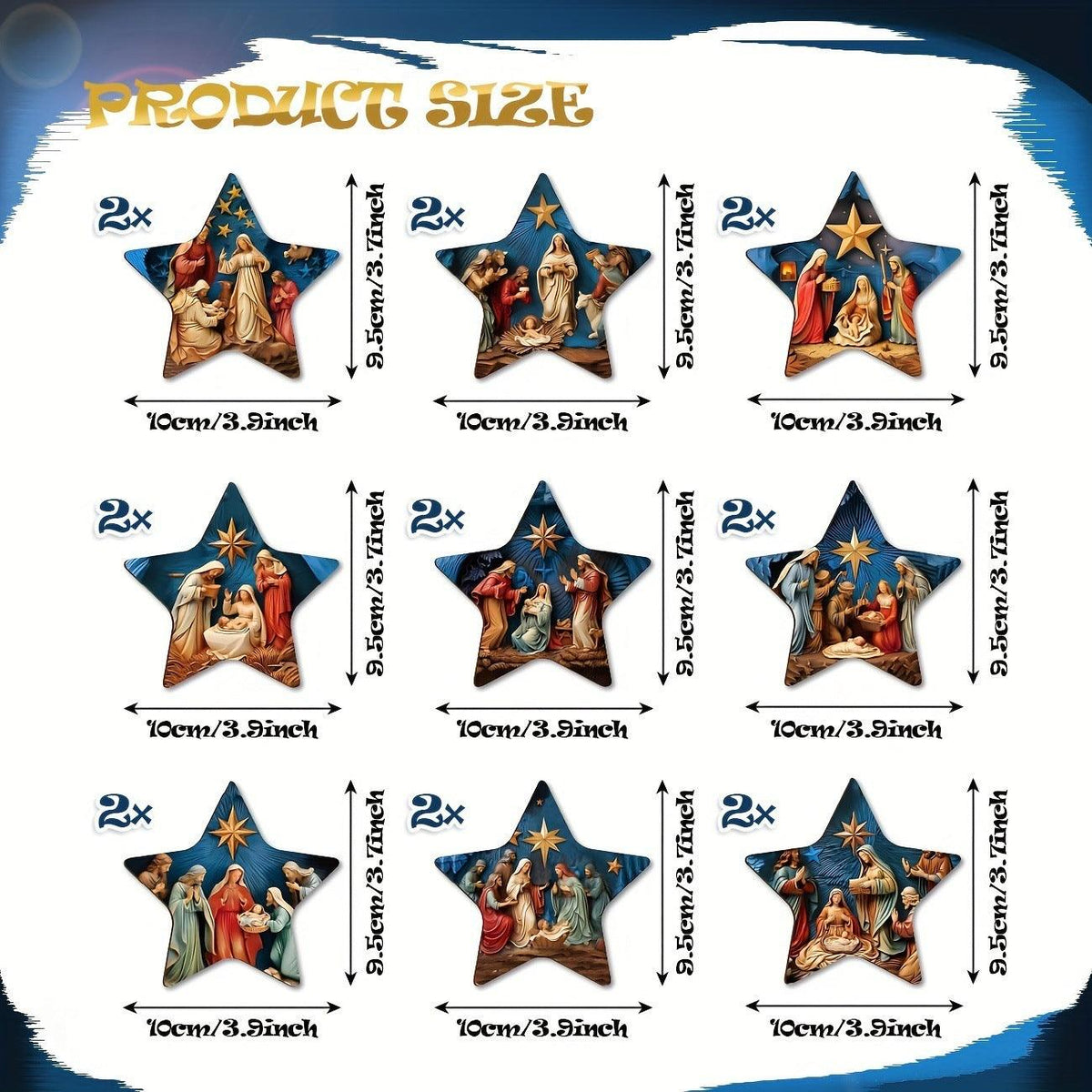 Size chart for blue nativity star ornaments, showing piece counts and dimensions
