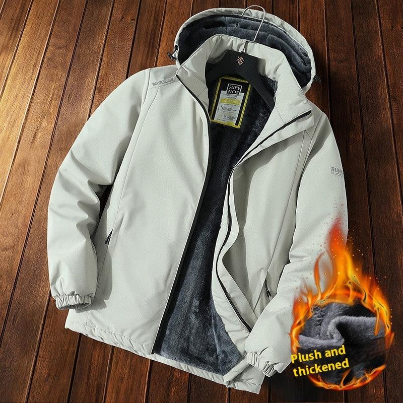Men's thick winter coat with hood, zip front, and dark plush lining (light gray)