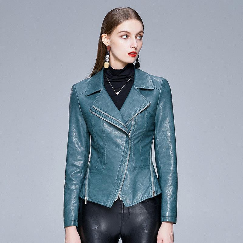 Trendy Motorcycle Leather Slim V-Neck Women's Leather Jacket - WOMONA.COM