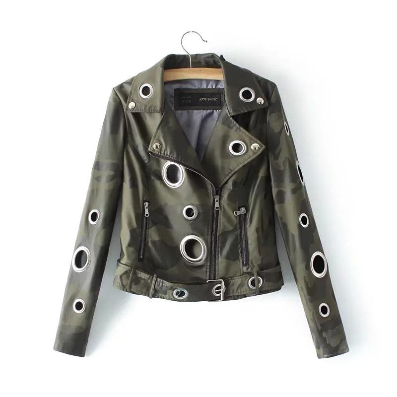 Hollow loop leather motorcycle biker jacket - WOMONA.COM