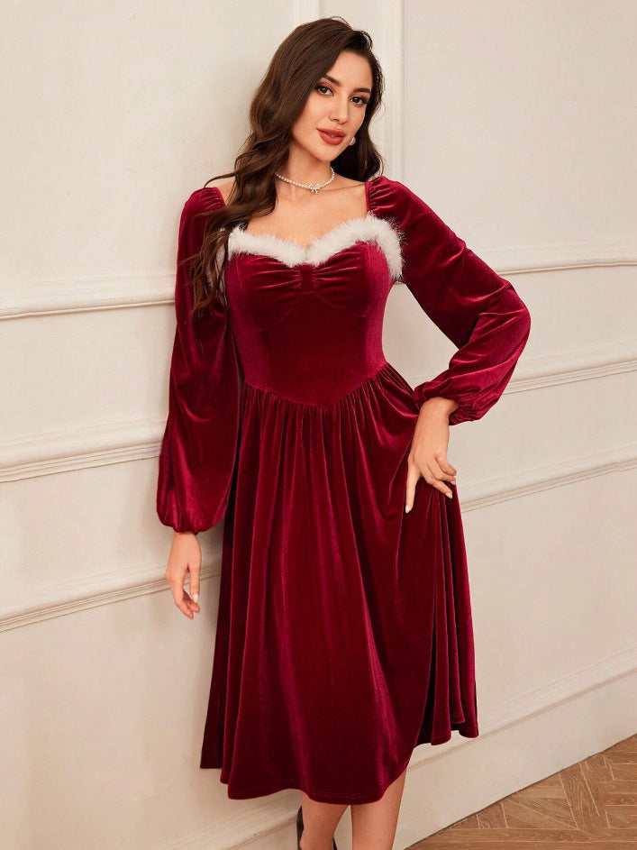 Women's wine-red velvet square-neck maxi dress