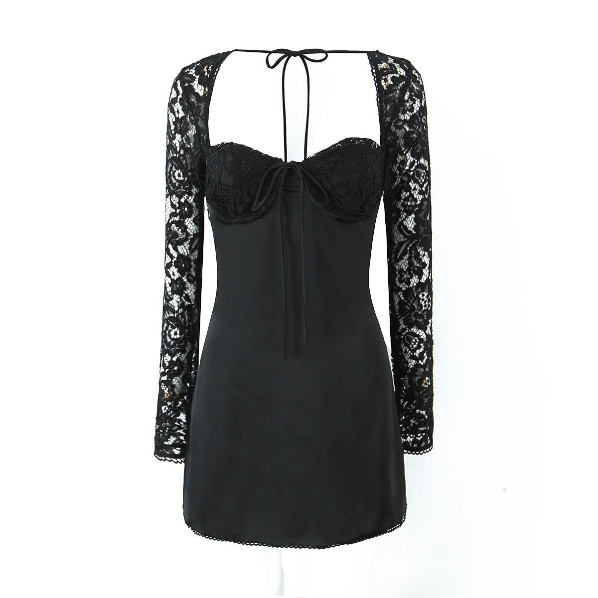 Women's Lace Sleeve Back Tied Dress - WOMONA.COM