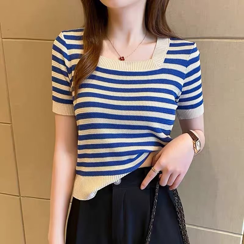 Blue and cream striped short-sleeve knit top with square neckline and ribbed hem