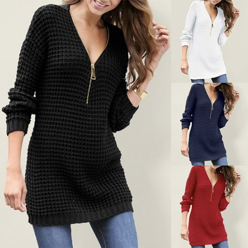 Women's Waffle-Knit Zip-Neck Tunic Sweater - product view 1