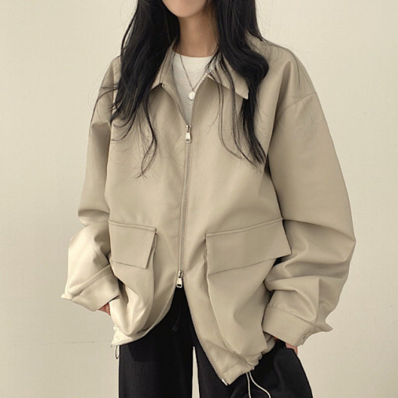 Women's Oversized Faux-Leather Zip Utility Jacket, Beige - product view 7