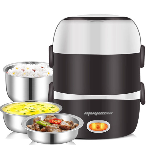 Two-tone rice cooker with white lid, dark body, side handles, and orange indicator light