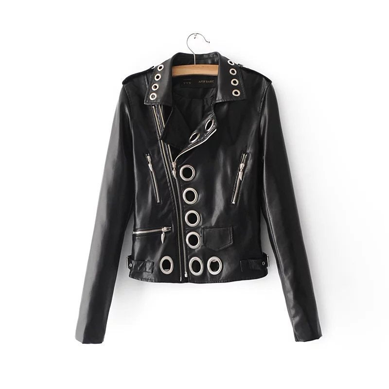 Ladies Fashion Hollow Pu Leather Jacket - WOMONA.COM