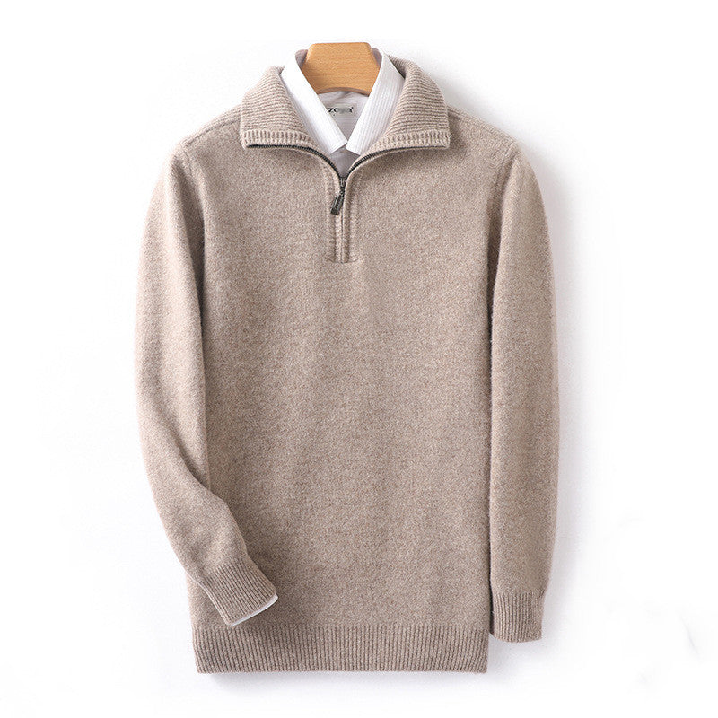 Double-strand Thickened 100 Pure Wool Knit Men's Pullover Lapel Zip-up Shirt