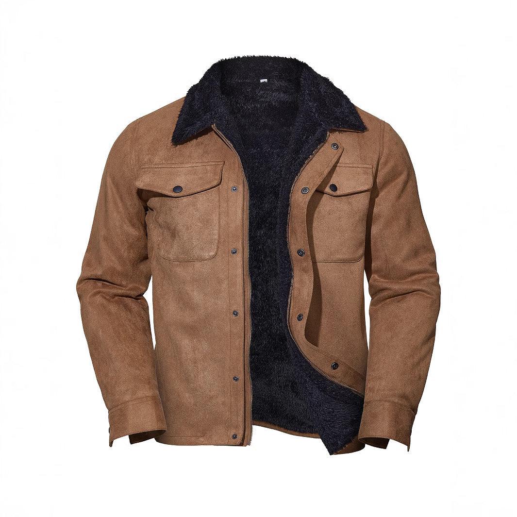Men's brown suede coat with dark shearling lining, button-front and chest flap pockets