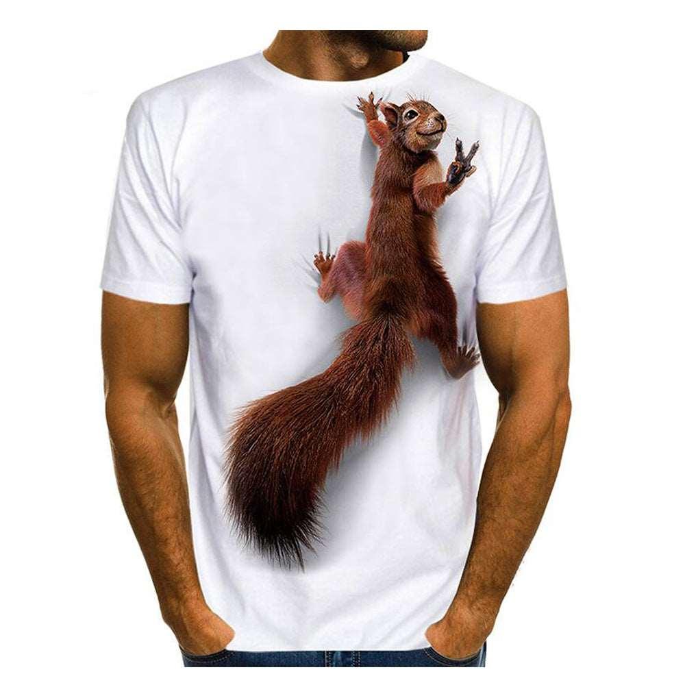 White 3D animal graphic T-shirt with brown squirrel standing on hind legs