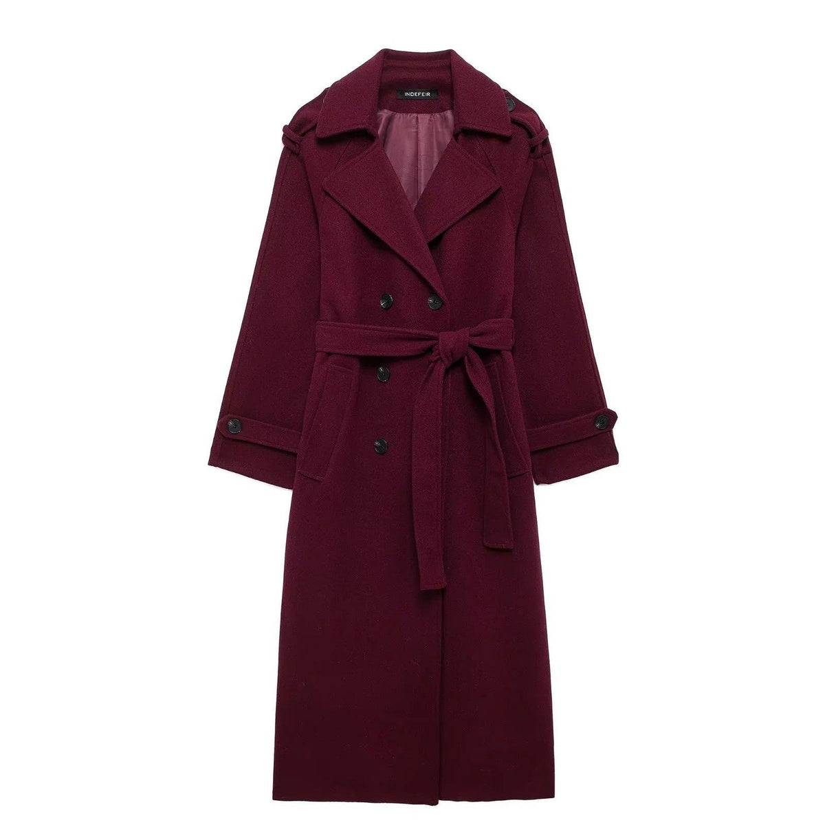 Burgundy belted trench coat with wide collar, buttoned cuffs, and double-breasted closure