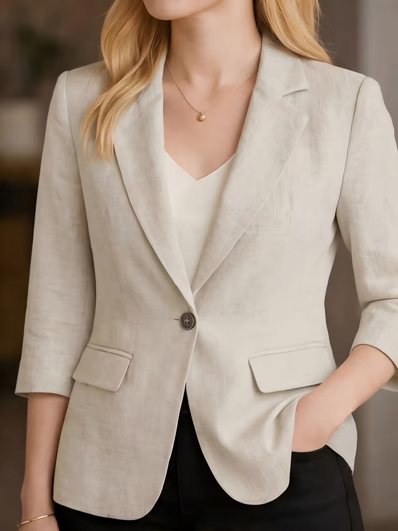 Women's blazer jacket, light beige, notched lapels and single-button front with pockets