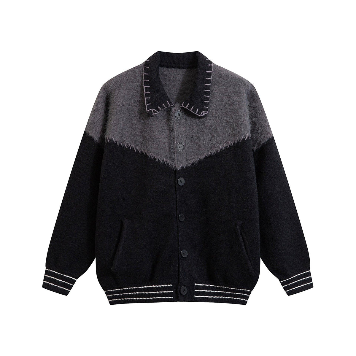 Men's black knit cardigan with gray fuzzy yoke, button front, side pockets, ribbed trim