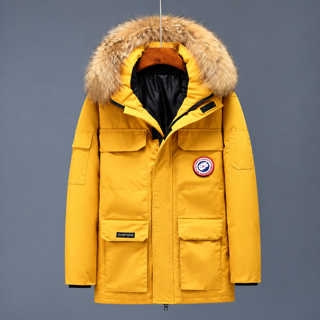 Men's mustard-yellow mid-length outdoor parka