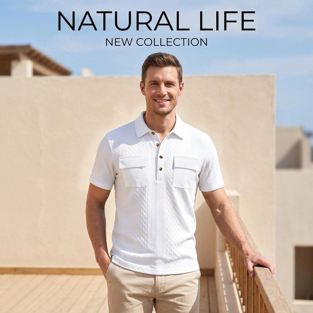 Mens heavyweight jacquard lapel polo, white, button placket and two chest patch pockets