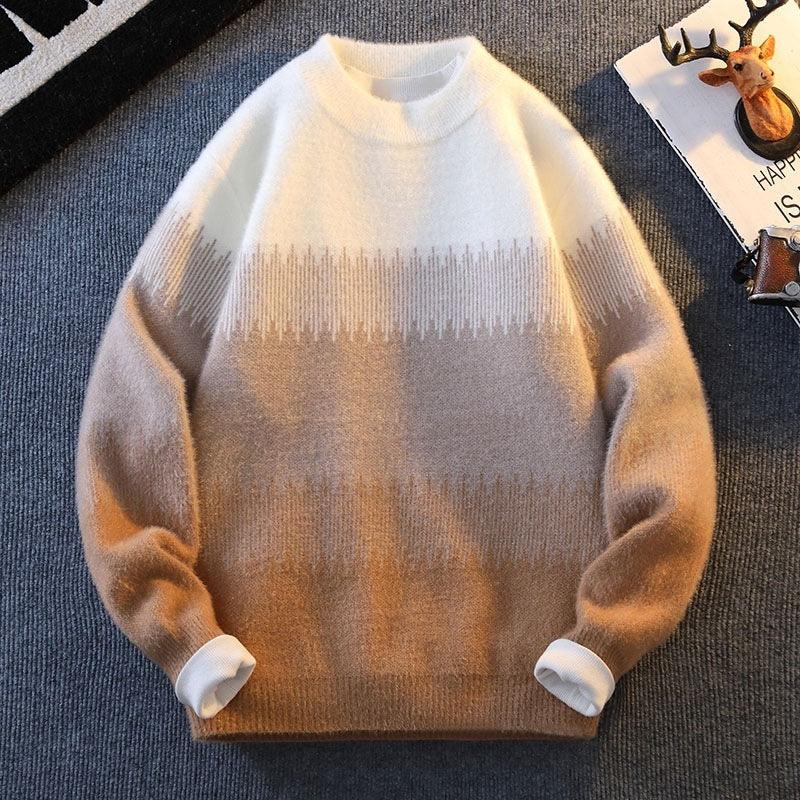 Cream and camel ombre pullover sweater, crew neck, ribbed cuffs and hem