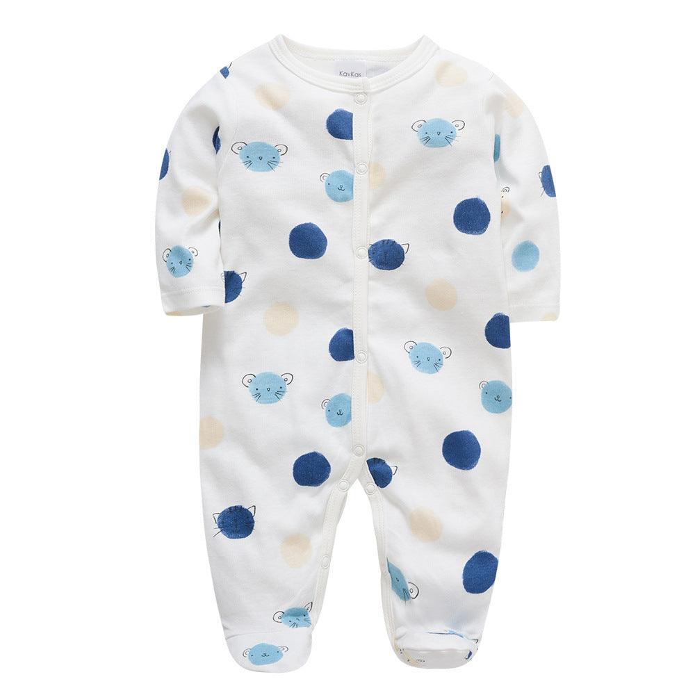 White newborn footie romper with blue bear prints and snap front