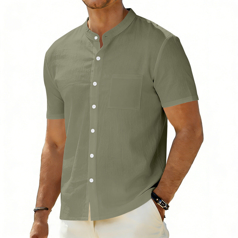 Men’s army green linen short-sleeve shirt, mandarin collar, button-front with chest pocket