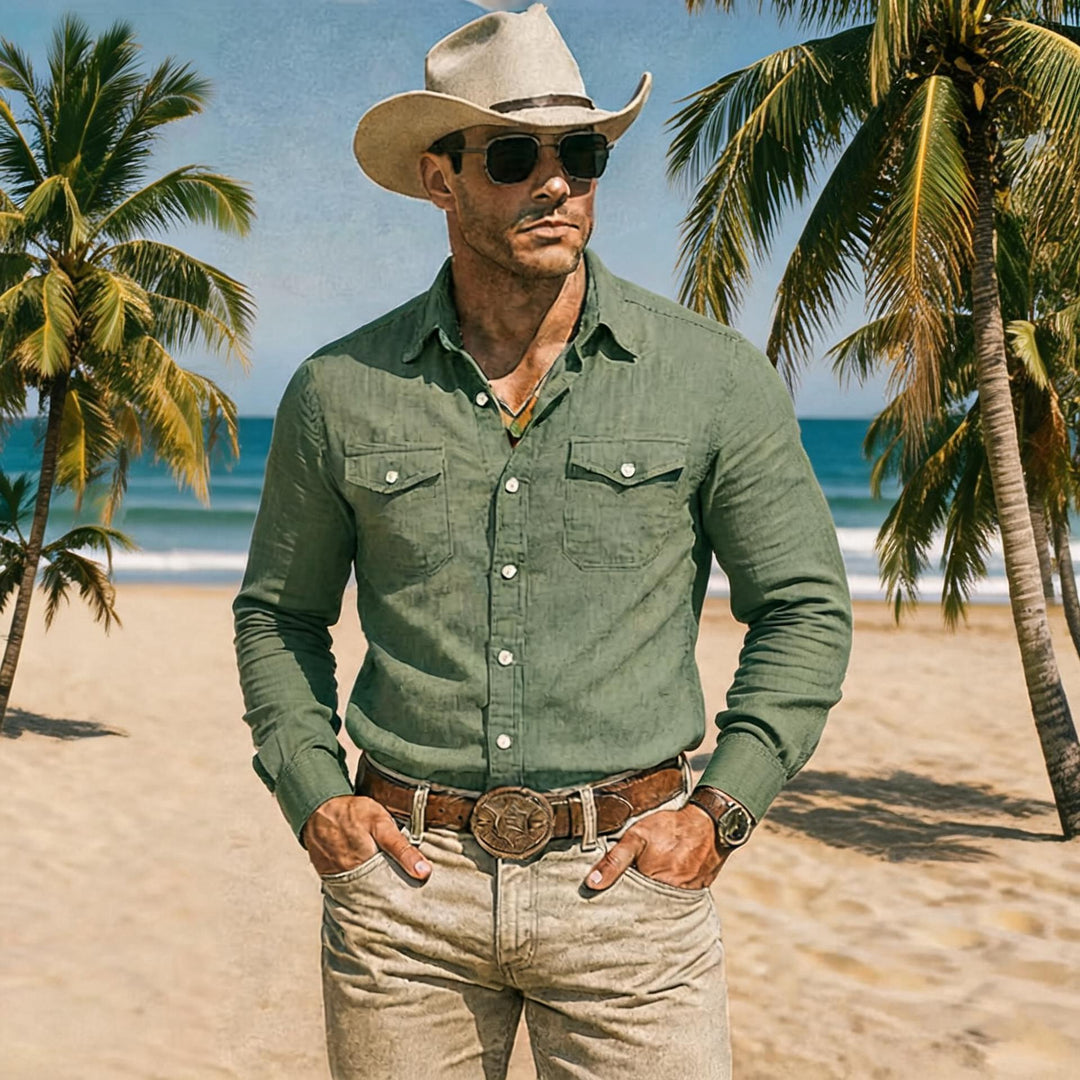 Men's loose-fit lapel shirt, army green long-sleeve button-up with two chest pockets