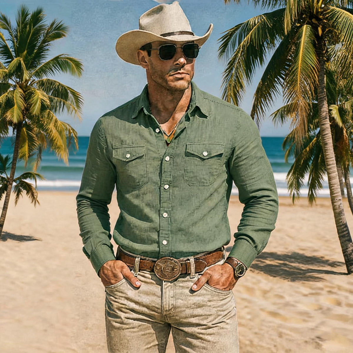 Men's loose-fit lapel shirt, army green long-sleeve button-up with two chest pockets
