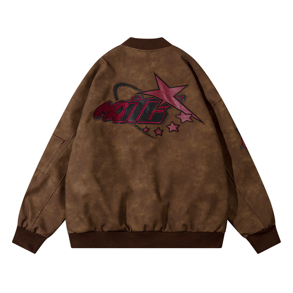 Men's black letter embroidered PU leather jacket