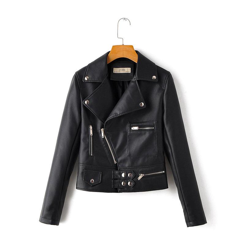 Ladies Lapel Diagonal Zipper Motorcycle Leather PU Jacket - WOMONA.COM