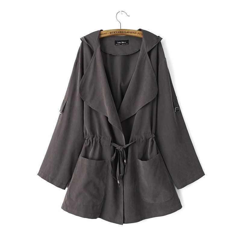 Women’s thin windbreaker in charcoal grey, drawstring waist, flap pockets, long sleeves