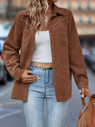 Women's Stud Detail Pocket Patch Button-Down Shirt Jacket