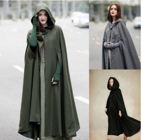Olive green hooded tie shawl, long draped cape with front tie