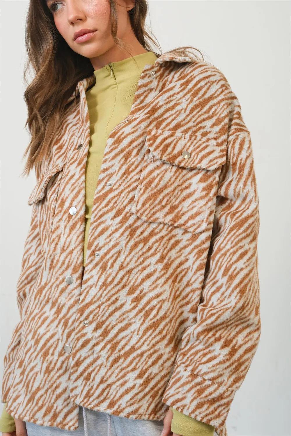 Camel zebra-print long-sleeve snap shacket with chest pockets and stand collar