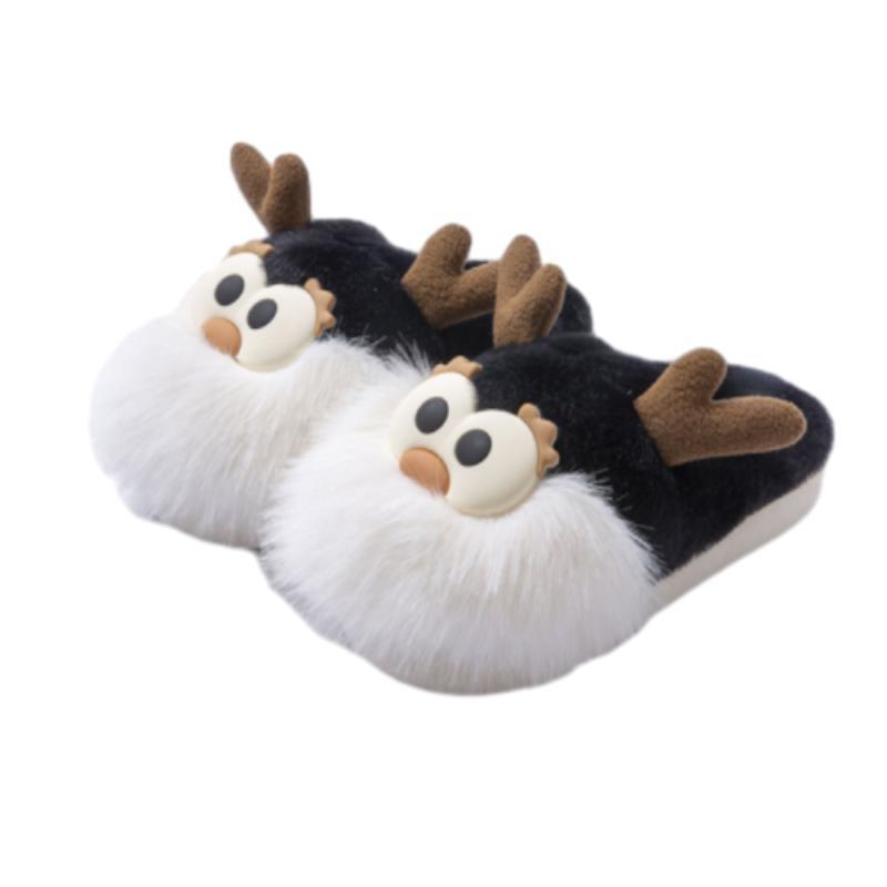 Pair of plush cartoon deer slide slippers, black with white fuzzy trim and antlers