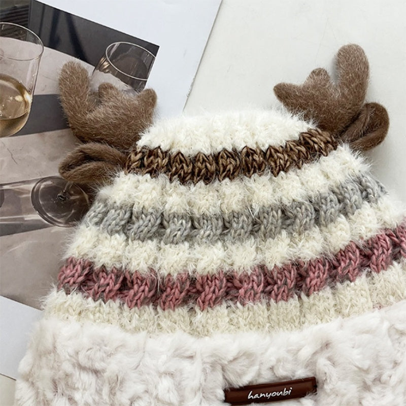 Gorro de punto navideño con linda cornamenta de ciervo, gorro grueso y cálido de invierno para niñas y mujeres