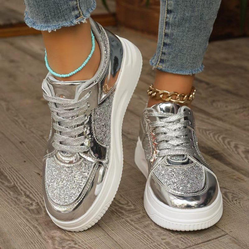 Modische flache Schnürschuhe mit Pailletten-Design, lässige Sportschuhe mit dicker Unterseite und runder Spitze für Damen, rutschfeste Wander-Sneakers