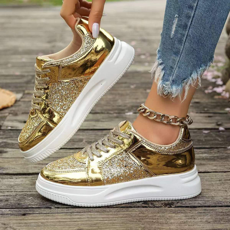 Zapatos planos con cordones de moda con diseño de lentejuelas, zapatos deportivos casuales con punta redonda y suela gruesa para mujer, zapatillas antideslizantes para caminar