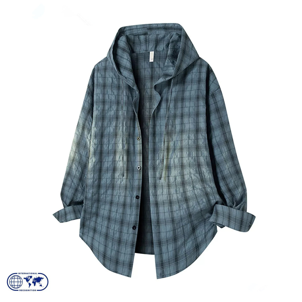 Light blue plaid hooded button shirt with long sleeves and front placket.