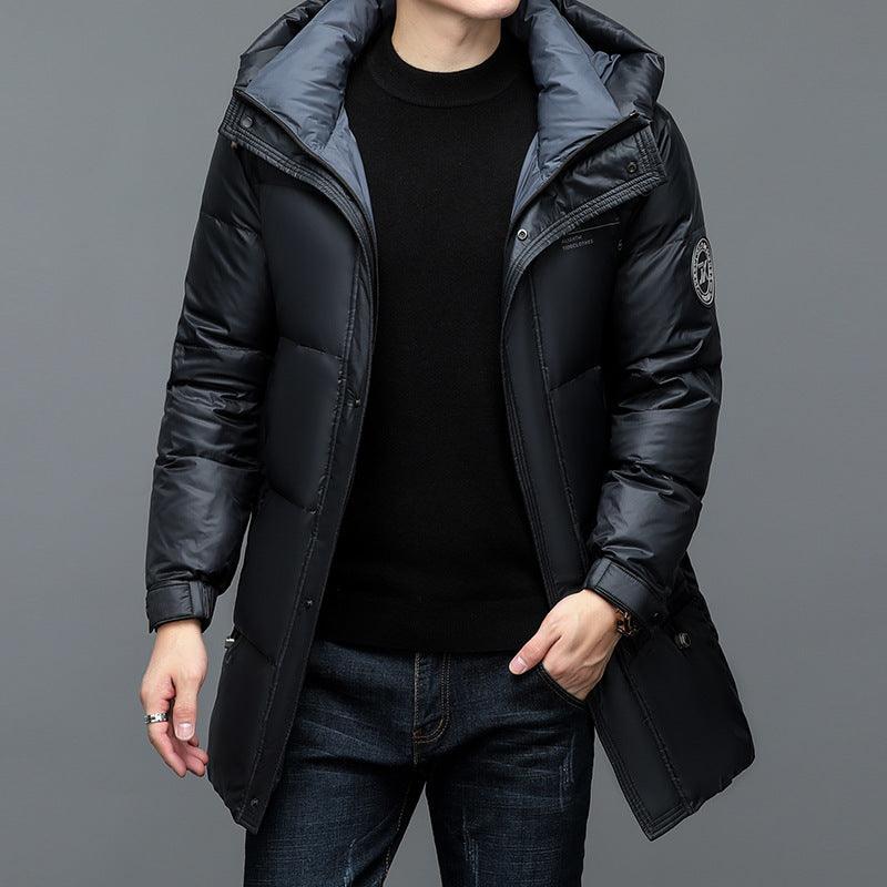 Men’s black hooded puffer jacket with quilted insulation and zip front.