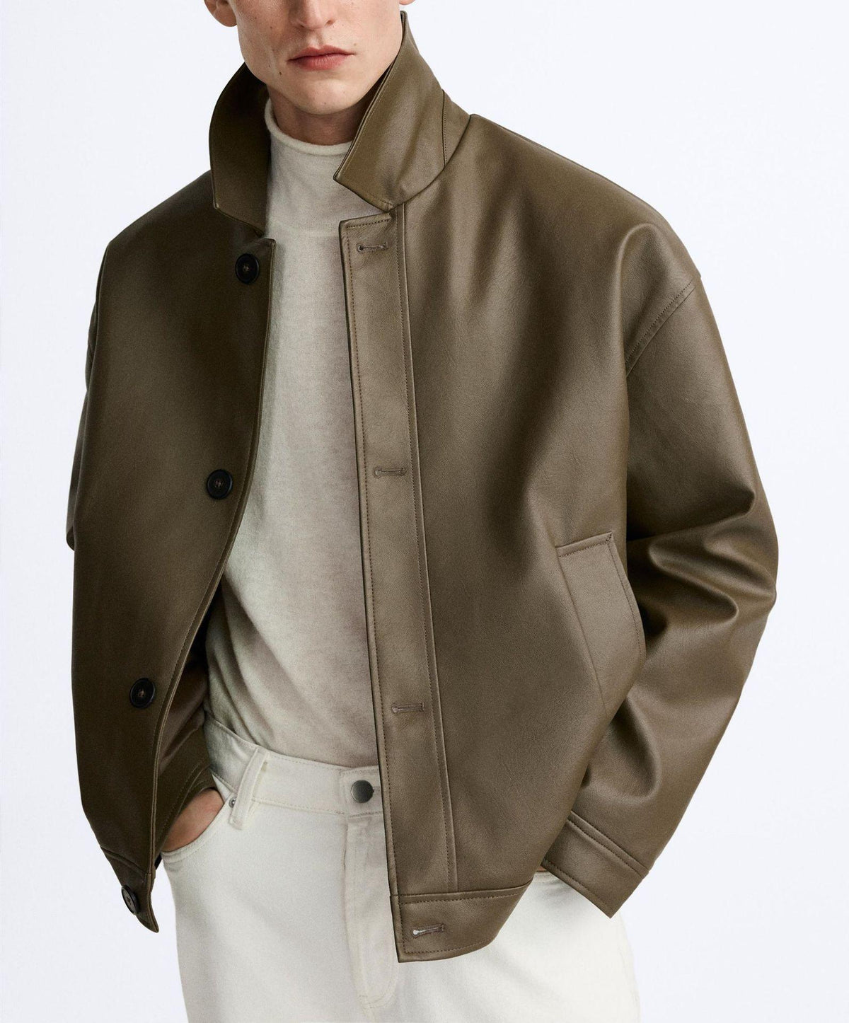Men's faux leather square jacket, olive/gray, button front, stand collar, side pockets