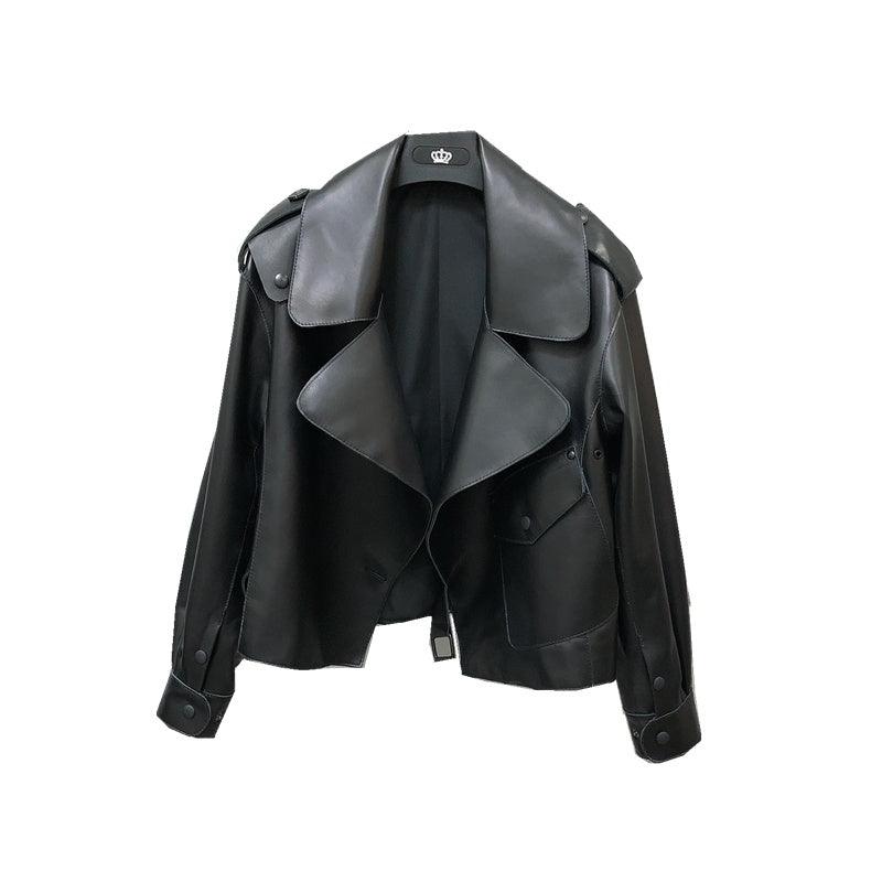Women's Short Loose Small Leather Jacket - WOMONA.COM