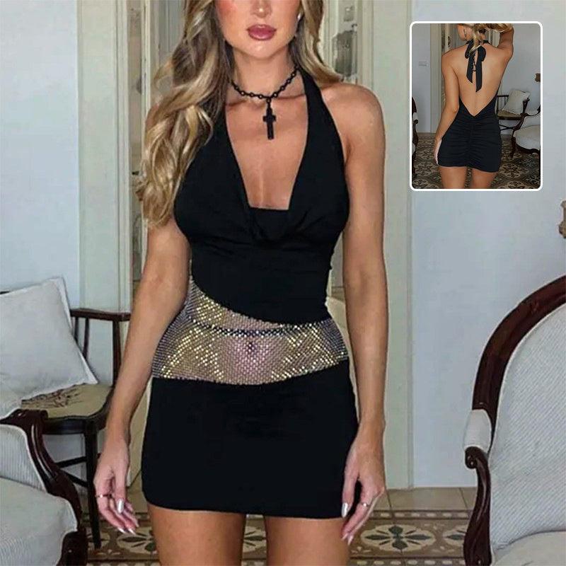 Black deep U-neck bodycon mini dress with halter straps and glitter belt waist