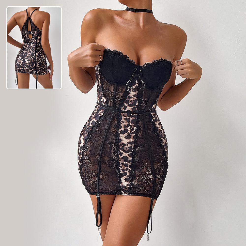 Leopard-print lace tube mini dress with corset bodice and scalloped sweetheart cups