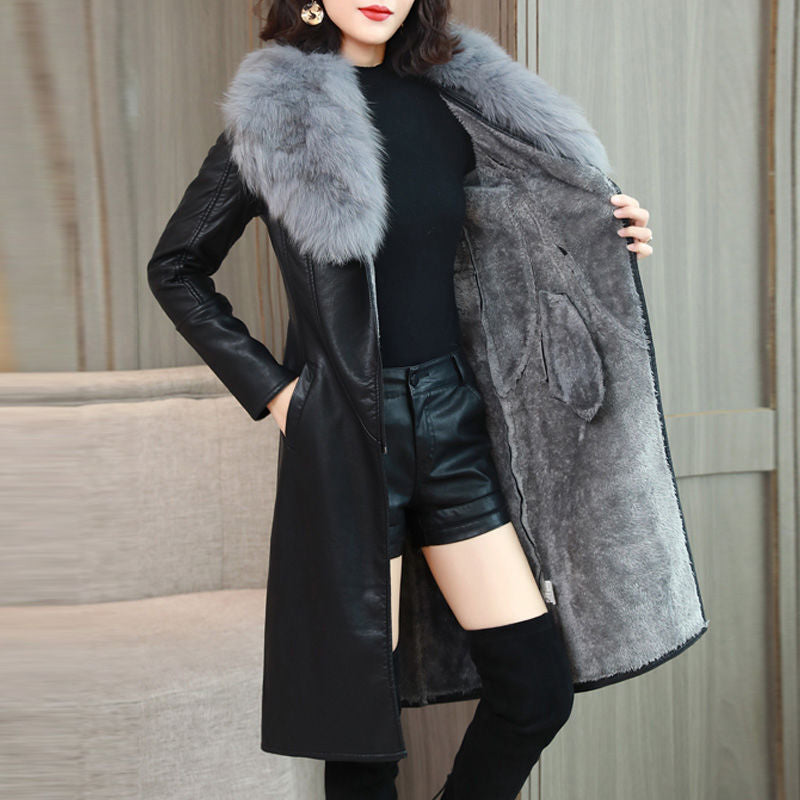 Velvet Warm Long Leather Jacket - WOMONA.COM