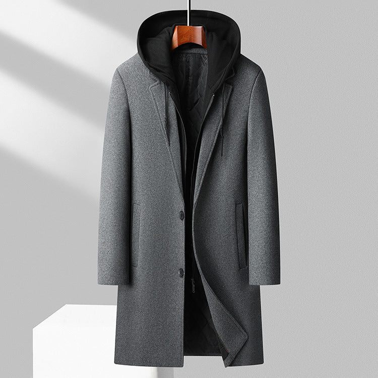 Men's mid-length wool coat with detachable hood, gray, button front, side flap pockets